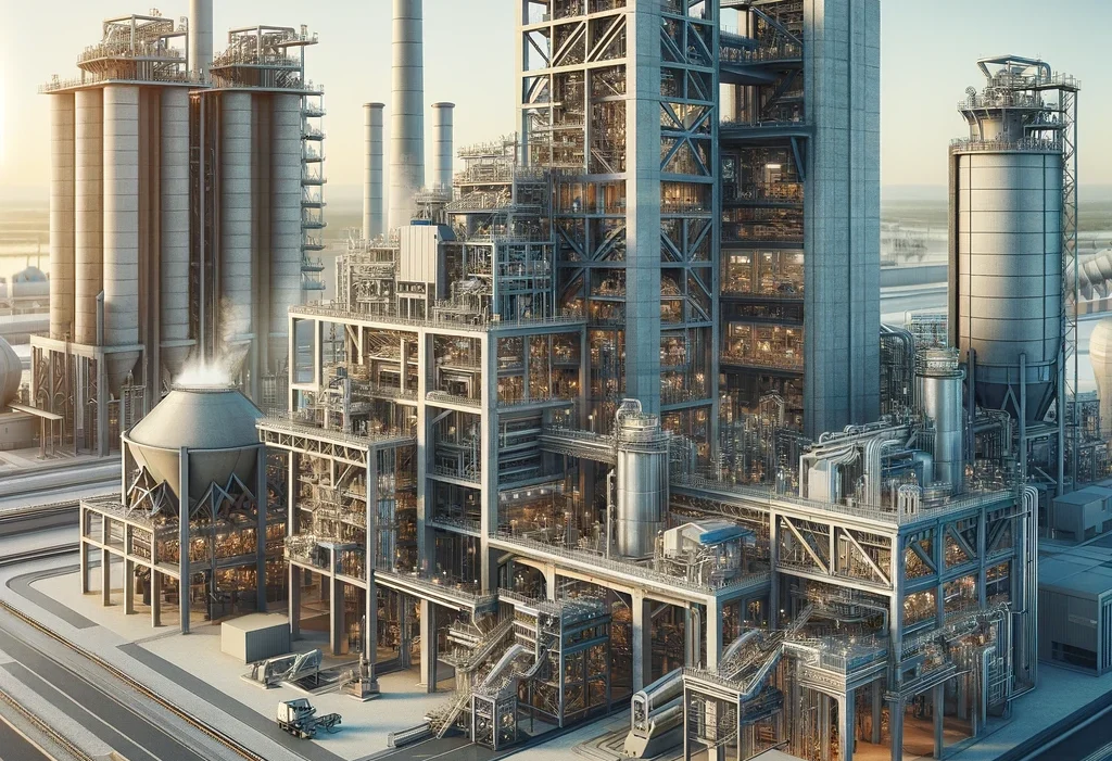 Create a high-resolution image showcasing a modern cement plant that reflects innovations and advancements in the cement industry