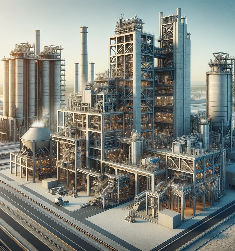 Create a high-resolution image showcasing a modern cement plant that reflects innovations and advancements in the cement industry