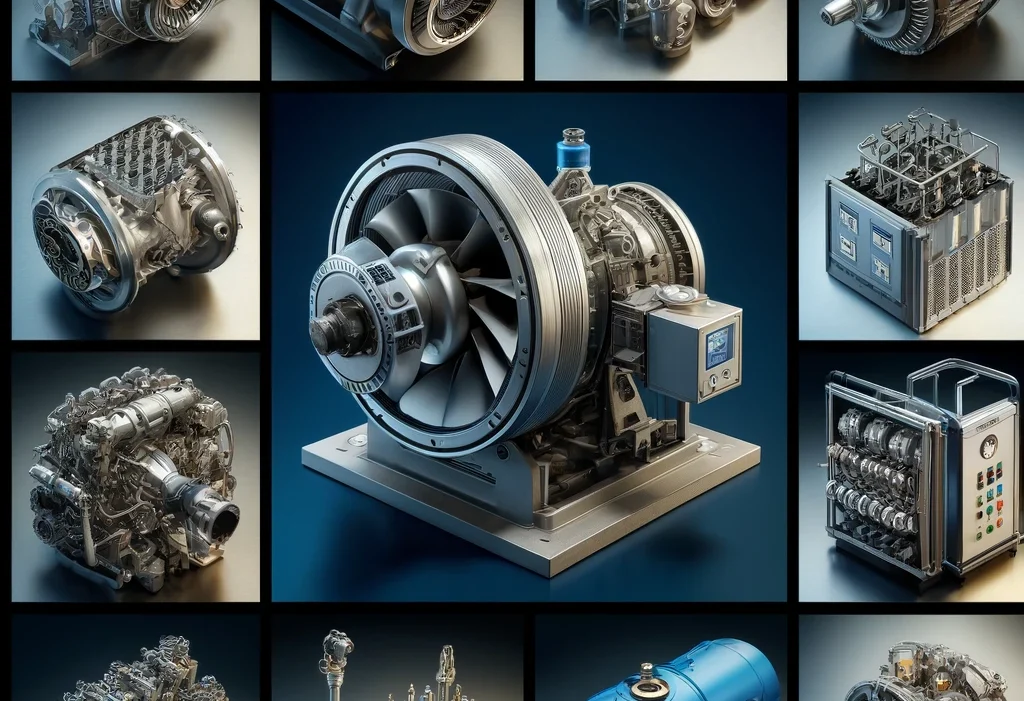 Create a set of images showcasing various industrial spare parts relevant to the power, water, and wastewater industries