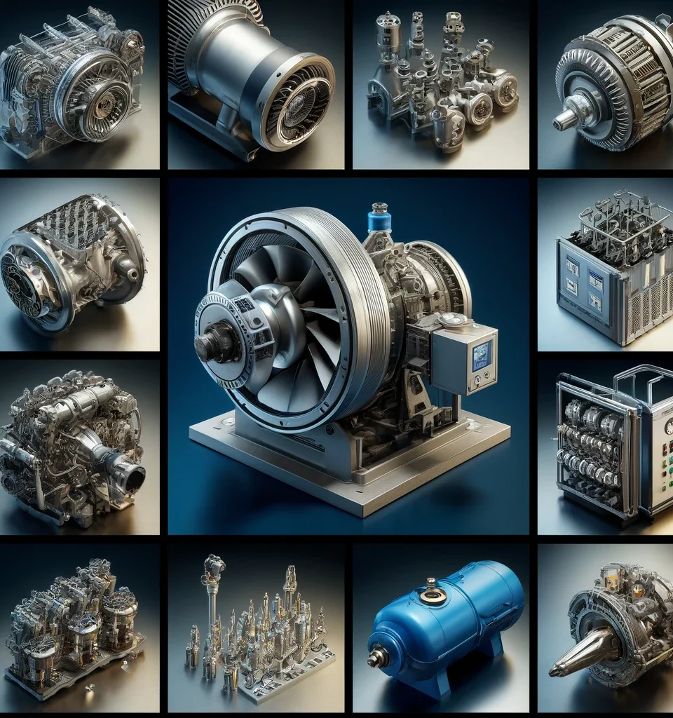 Create a set of images showcasing various industrial spare parts relevant to the power, water, and wastewater industries